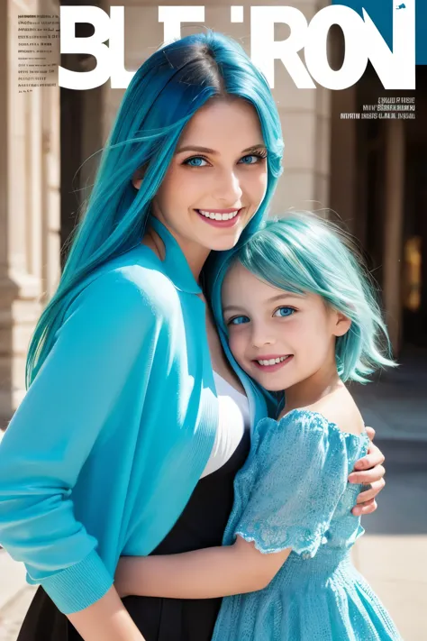 A mother and daughter blue hair blue eyes on a magazine cover, vibrant colors, high-resolution, realistic portrayal, fashion-for...