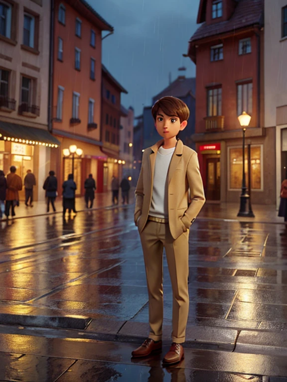 No meio de uma movimentada praça da cidade, à noite, sob a luz suave de um poste de luz, Um jovem parado com uma expressão pensativa no rosto. Ele está vestido casualmente, Mas a roupa é elegante., Ele veste uma jaqueta bege, Calças cáqui, e sapatos resistentes. A chuva cai levemente no asfalto ao seu redor., Personagem incomum. O estrondo distante de carros mistura-se com o suave som de gotas de chuva..