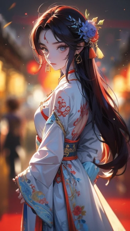 An ancient Chinese beauty, charming temperament, long flowing skirt, clear face, pretty eyes, surrounding osmanthus, proportional masterpiece of perfect body structure, Super detailed, epic composition, color tattoo art, new traditional tattoo art, color tattoo art, mysterious warm and friendly atmosphere