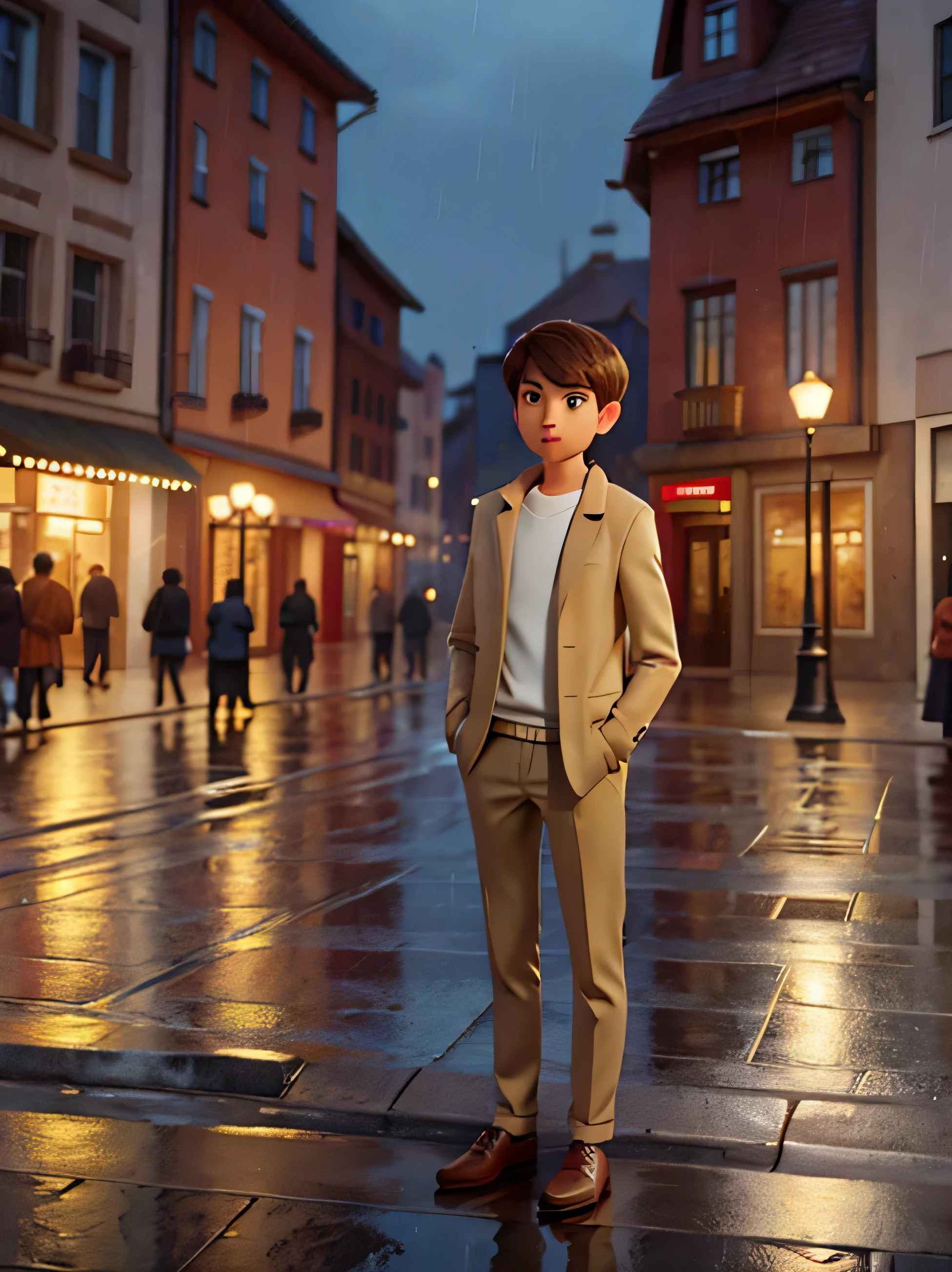 In the middle of a busy city square, At night, Under the soft light of a street lamp, A young man standing with a thoughtful expression on his face. He is dressed casually, But the outfit is elegant., It consists of a beige jacket, Khaki pants, And sturdy shoes. Rain taps lightly on the pavement around him., Unusual character. The distant rumble of cars mixes with the gentle sound of raindrops..