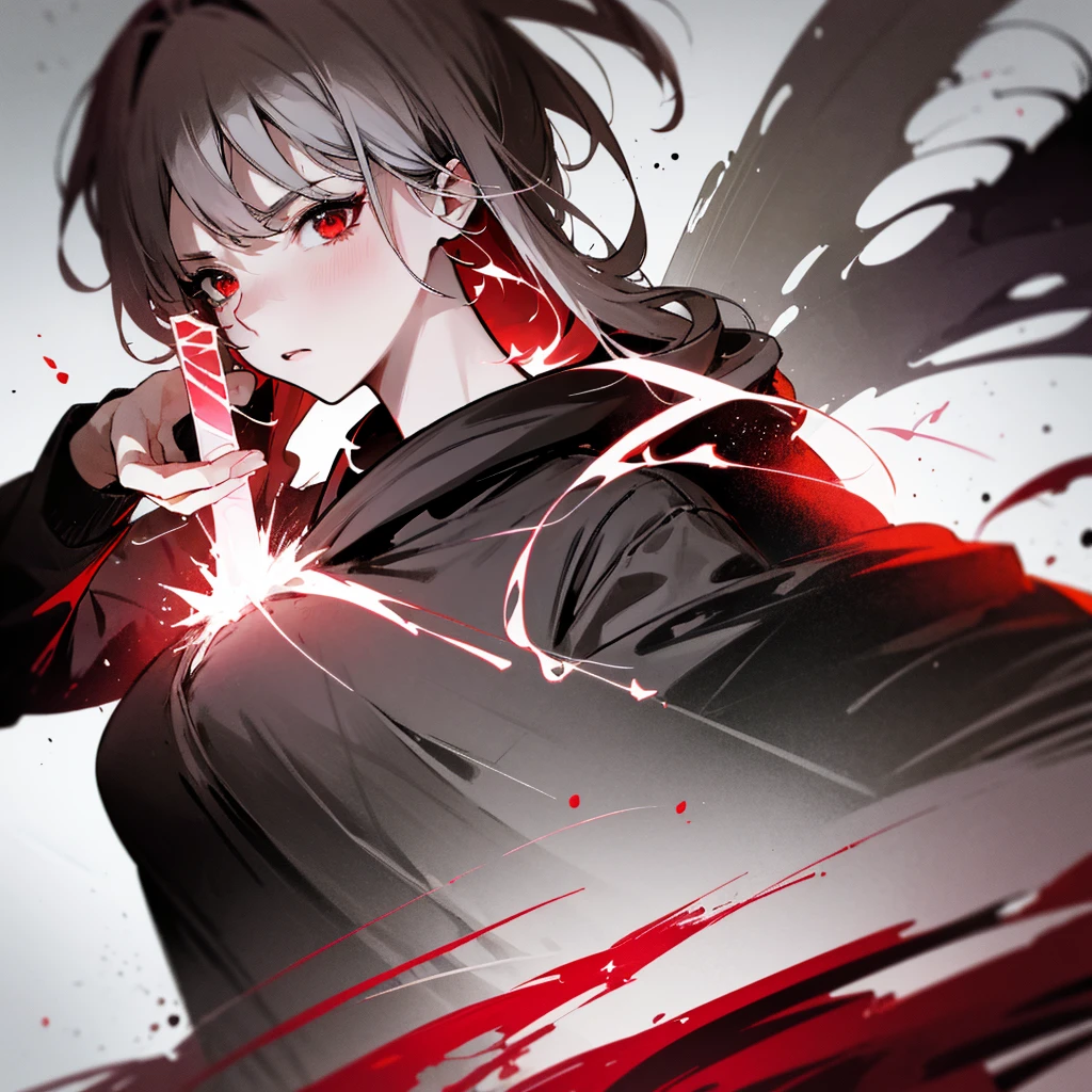 shining eyes,Black hoodie red eyes, gray haired, Bust-like,The camera captures the upper body,(Bust-likeカメラワーク),Pull the sword out of your chest(dynamic composition),The sword melts into your chest,The effect is spark