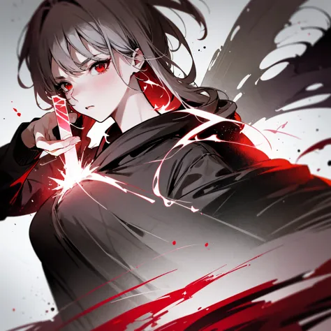 shining eyes,black hoodie red eyes, gray haired, bust-like,the camera captures the upper body,(bust-likeカメラワーク),pull the sword o...