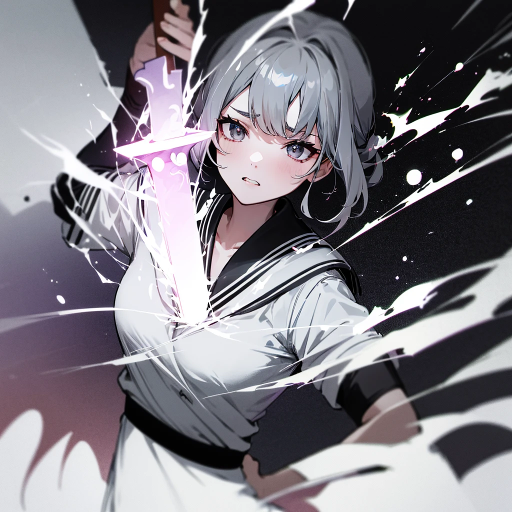 shining eyes,black sailor uniform, gray haired, Bust-like,The camera captures the upper body,(Bust-likeカメラワーク),Pull the sword out of your chest(dynamic composition),The sword melts into your chest,The effect is spark