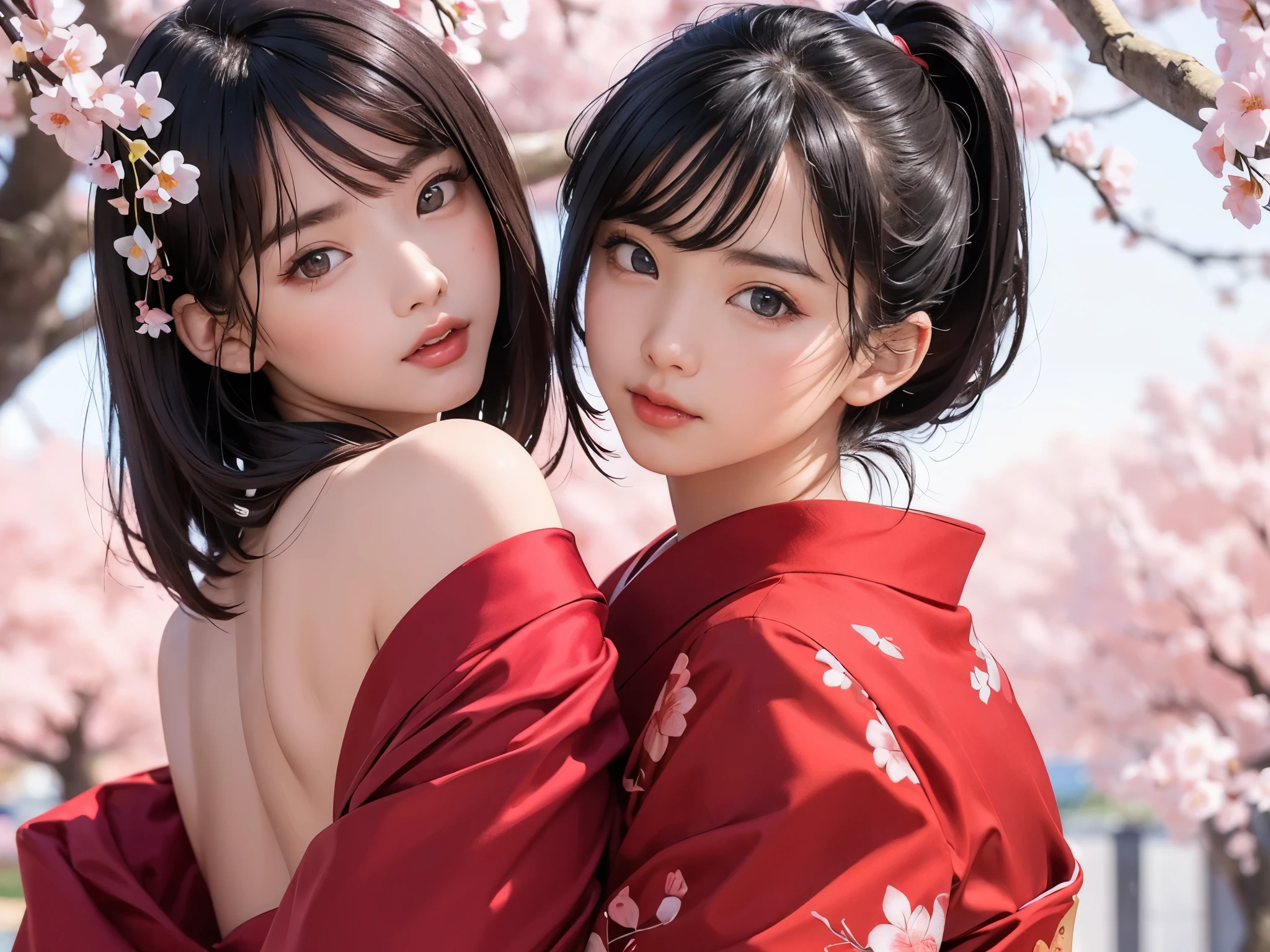 ((master piece))、((super detailed))、((beautiful girl))、(best quality)、(Cherry tree in full bloom)、(looking at the viewer)、(glamorous body)、(realistic black hair)、reflex hair、pout a little、beautiful and fine eyes、(red kimono、open shoulder、open nipples)