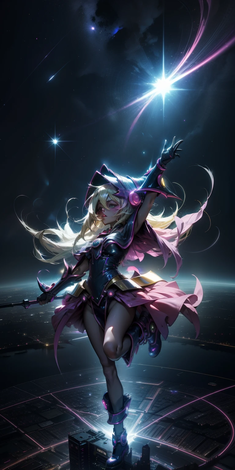 Mujer preciosa dark magician girl ( ciberpunk de neón ), El neón canta, iluminación de neón, RTX chica maga oscura iluminando volando en el aire. Encima de la ciudad a media noches. Luna llena. Cielos de estrellas. Mago oscuro volando