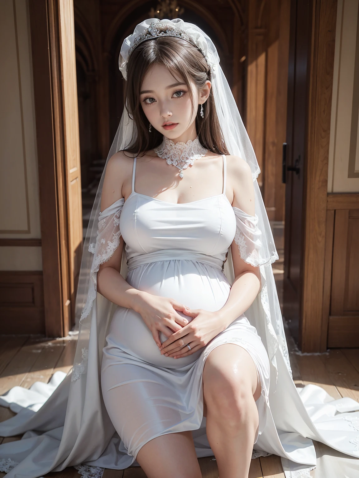 （（best quality））， （（masterpiece））， （detailed）， white wedding dress，Leaky big，leaky thighs,pregnancy