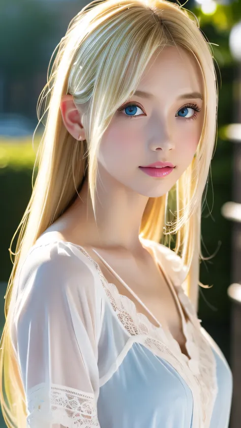 Dazzlingly bright blonde hair、Super long straight hair、bangs between eyes、Very large light blue eyes、Transparent white and wet n...