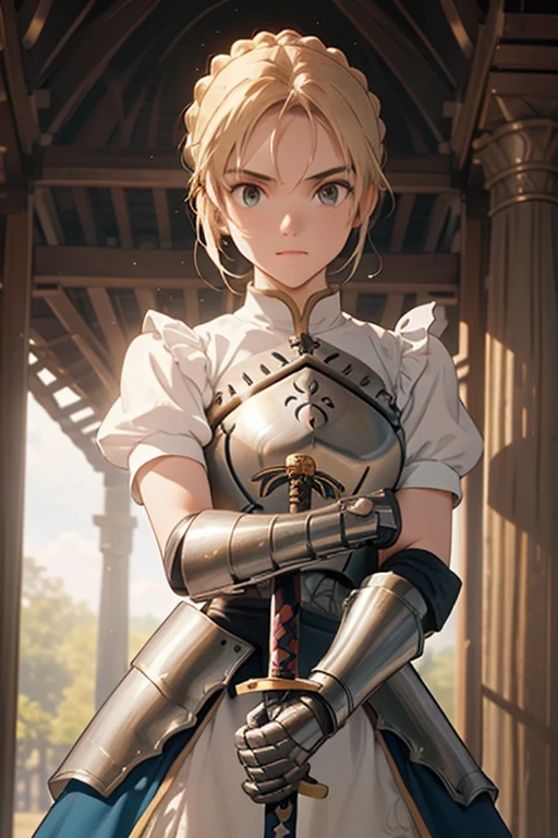 (best quality, masterpiece:1.2), knowledge, shrine, 1 girl, alone, armor, arms, sword, shining sword, shining arms, French braid, armored dress, shining, gauntlet, holding, breastplate, double bun hairstyle, upper body, brave posture, holding the sword, demonstrating sword skills.