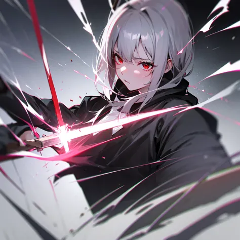 shining eyes,black hoodie red eyes, gray haired, bust-like,the camera captures the upper body,(bust-likeカメラワーク),pull the sword o...