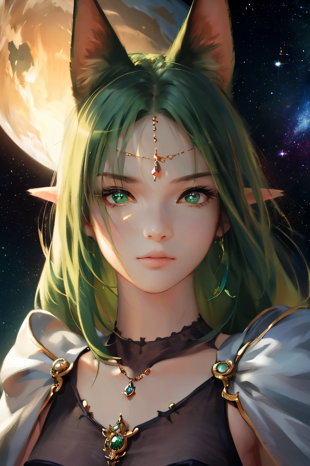 2D, (Best quality, masterpiece), anime, Highly detailed face, very detailed eyes, very detailed background, perfect lighting, whole body, 1 girl, One, Cat's ears, ears are not visible, space, Earth \(planet\), платье space, green eyes, Finely detailed eyes,