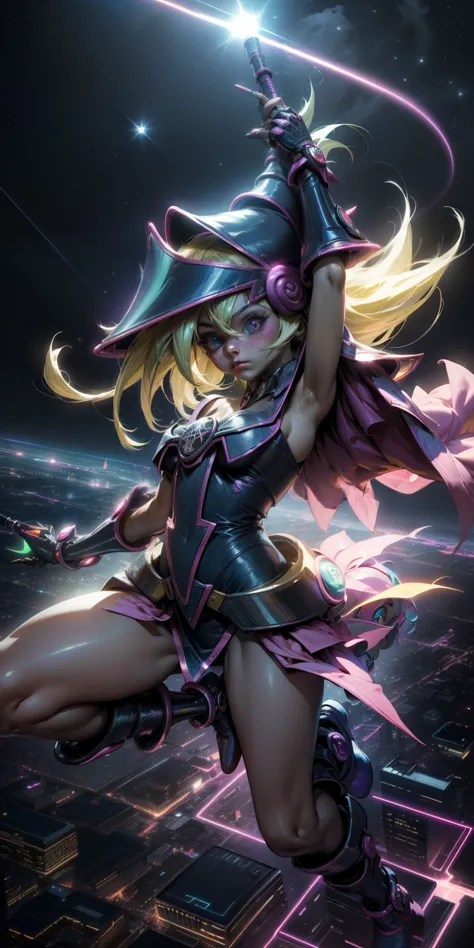 Mujer preciosa dark magician girl ( neon cyberpunk ), The neon sings, neon lighting, RTX chica maga oscura iluminando volando en...