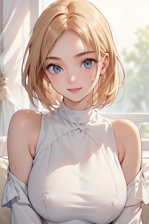 ((best image quality, 8K, master piece:1.3)), 1 girl, Beautiful woman with slender abs:1.3, (casual hairstyle, huge tit:1.6，High-neck clothes), shift dress:1.1, Extra-fine face, detailed eye, double eyelid，smile，Home