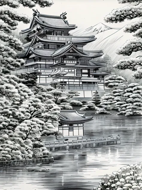 ((kinkakuji temple、japanese temple on the lake, draw a picture with a pencil sketch，flat black and white sketch，realistic sketch...