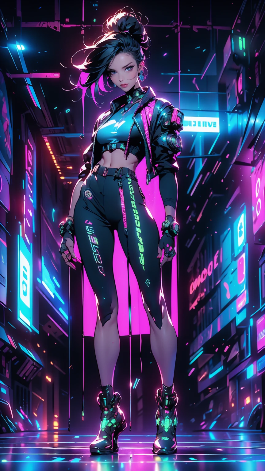 สมจริงเป็นพิเศษและมีรายละเอียดมากเป็นพิเศษ, สภาพแวดล้อม Retrowave ที่ซับซ้อน, ((รูปเต็มตัว)), (มุมมองด้านล่าง, จากข้างบน), เทพธิดาแห่งสวรรค์ชาวคอเคเชียนที่งดงาม, เท้าเปล่า, (สะโพกเล็กหุ่นเพรียว), (ผมตรงสีดำ), (ดวงตาสีเงิน), ((หน้าอกเล็กลง)), การสวมใส่ที่รัดรูปเล็ก (ตัดขึ้น) กางเกงขาสั้นไซเบอร์พังค์,, (ท่าทางมั่นใจ), มุมไดนามิก, (จากด้านล่าง), เมฆกาแลกติกทุกแห่งประดับประดาด้วยดาวเคมีเรืองแสงและกาแล็กซีที่ลอยอยู่ทั่วจักรวาล, บรรยากาศ, แผ่พลังงานจักรวาลส่องสว่าง, หลากสี, แสงที่มีชีวิตชีวา, สายตาน่าทึ่ง, เซอร์เรียล, มหากาพย์, ตำนาน, น่าอัศจรรย์อย่างยิ่ง, คมชัด เอ่อ, กรมประมง, ความละเอียด 8K, ปรับปรุงความสมจริง