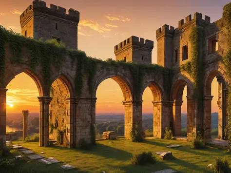 A large old abandoned castle, with plants consuming the walls, the pillars of the castle, some broken pillars, cracked gate, web...