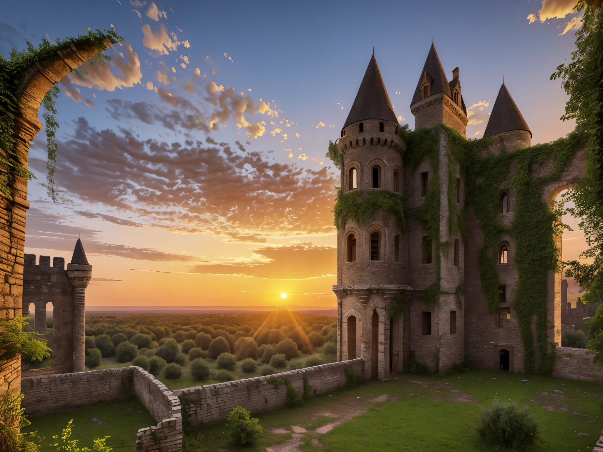 A large old abandoned castle, with plants consuming the walls, the pillars of the castle, some broken pillars, cracked gate, web, cracked bridge, broken fortress, sunset with an orange sky, light illuminating the place, HDR, ultra resolution, very detailed, well defined, masterpiece, 8k hd
