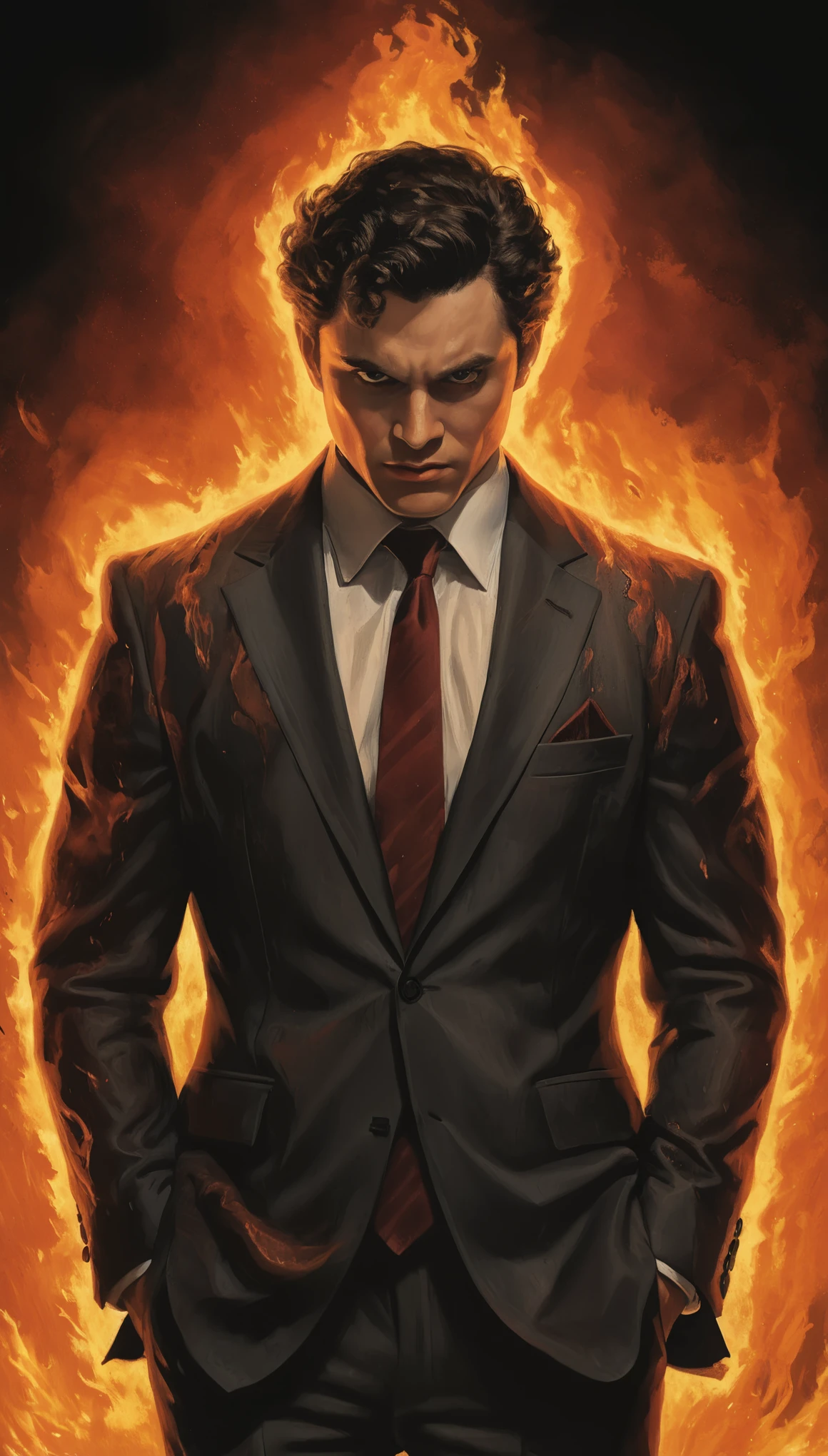 An illustrated movie poster, hand-drawn, full color, a male demon, 28 years-old, wearing a slim suit, covered in flames, reddish skin, stocky physique, protruding belly, slightly chubby, deep brown eyes, wide bulbous nose, full lips, black hair, curly hair, thick bushy eyebrows, extremely hairy chest, stomach, and arms, lots of body hair, posing in a demonic hellscape, hard shadows, graphite shading, stencil markings, airbrushed acrylic paint, masterpiece