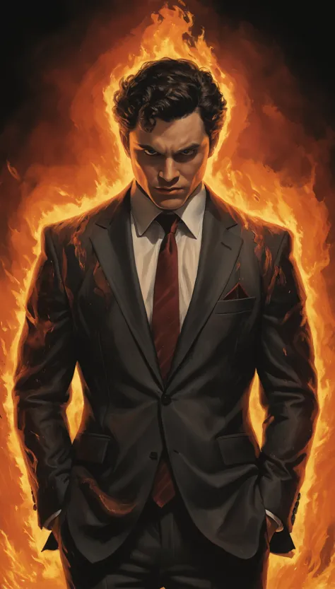 An illustrated movie poster, hand-drawn, full color, a male demon, 28 years-old, wearing a slim suit, covered in flames, reddish...