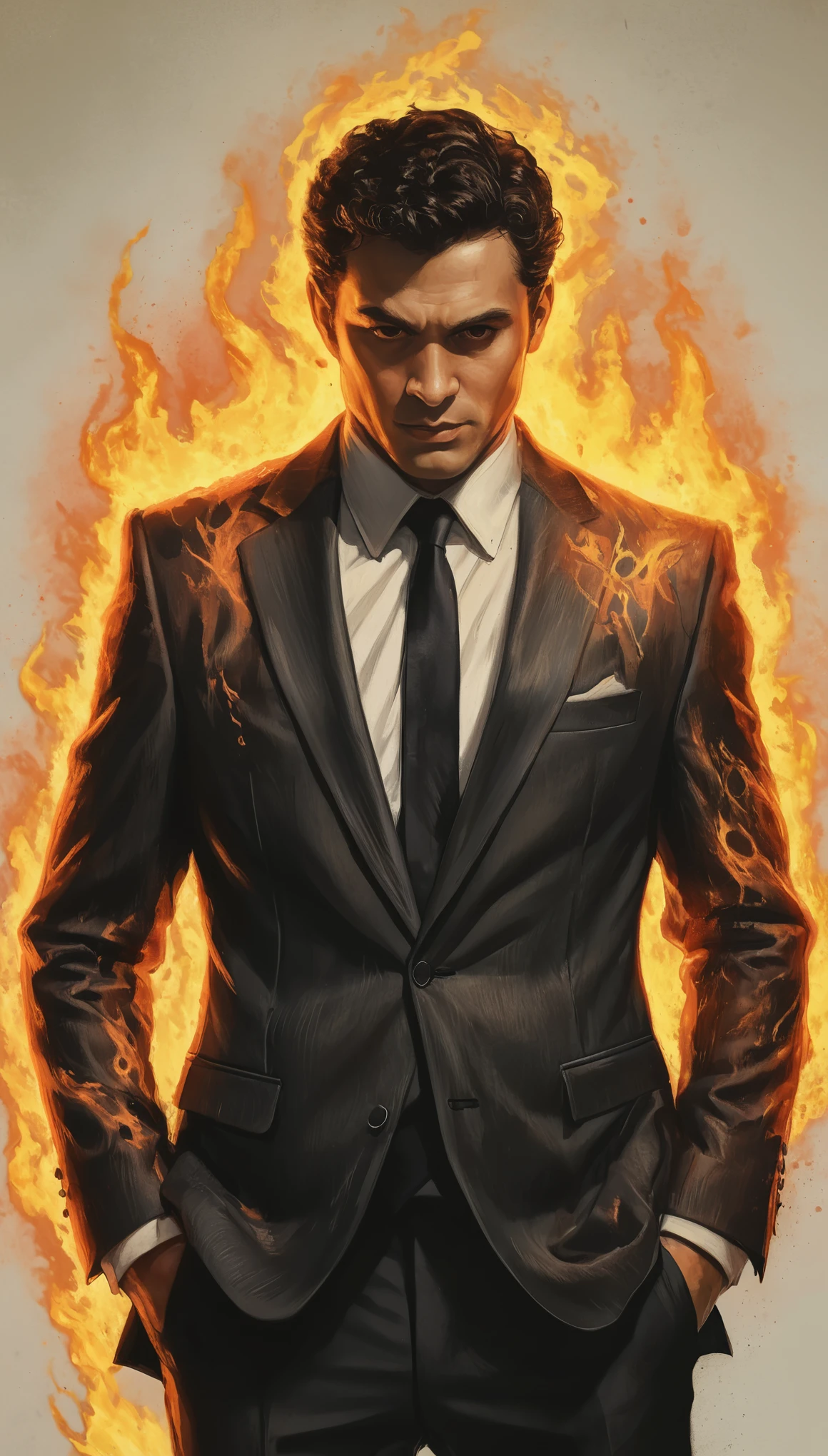 An illustrated movie poster, hand-drawn, full color, a male demon, 28 years-old, wearing a slim suit, covered in flames, reddish skin, stocky physique, protruding belly, slightly chubby, deep brown eyes, wide bulbous nose, full lips, black hair, curly hair, thick bushy eyebrows, extremely hairy chest, stomach, and arms, lots of body hair, posing in a demonic hellscape, hard shadows, graphite shading, stencil markings, airbrushed acrylic paint, masterpiece