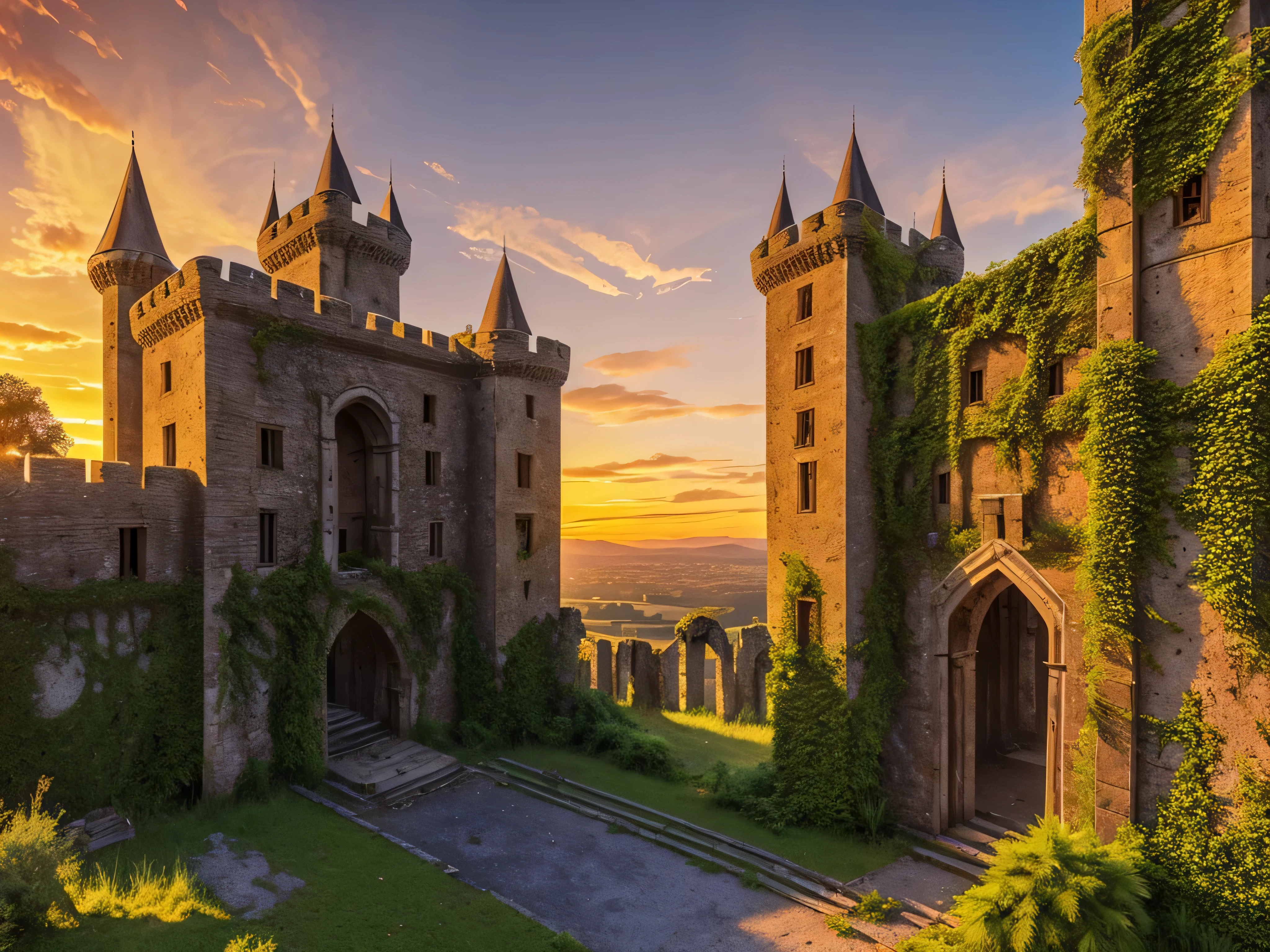 A large old abandoned castle, with plants consuming the walls, the pillars of the castle, some broken pillars, cracked gate, web, cracked bridge, broken fortress, sunset with an orange sky, light illuminating the place, HDR, ultra resolution, very detailed, well defined, masterpiece, 8k hd
