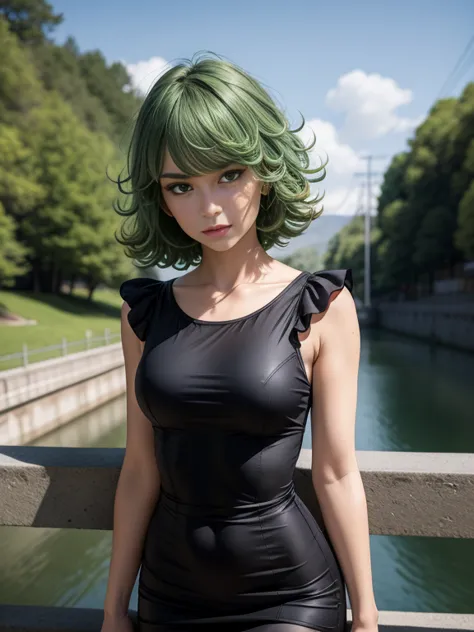 masterpiece, best quality, detailed face, tatsumaki, green hair, black dress, pelvic curtain, posing on a bridge, looking at vie...