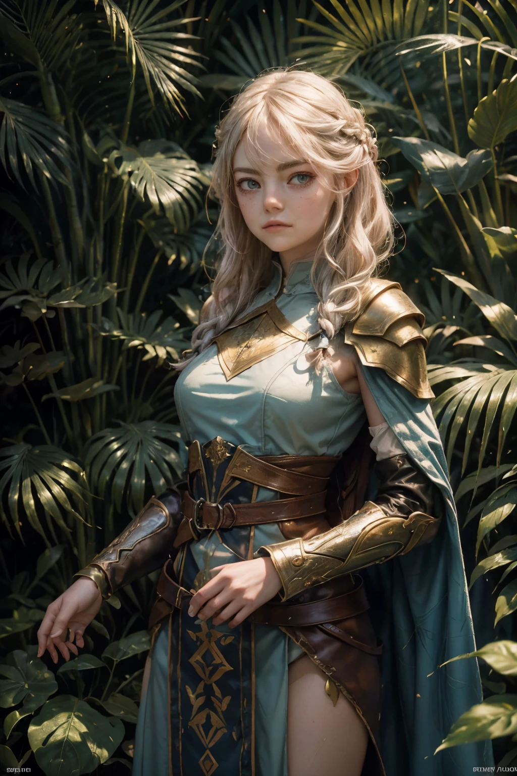 BJ_óleo_pintura, fantasy pintura, guarda florestal feminina ((Emma Stone)), elegantemente vestido com vestes verde-oliva e marrons com um toque de armadura de couro para maior durabilidade, capuz levantado para revelar apenas seus olhos cianos e a ponta de seu cabelo loiro trançado, parado em meio a uma cena de floresta serena, mas misteriosa, com cada mecha de seu cabelo intrinsecamente detalhada e cada invólucro de seu traje com textura fina, a tinta a óleo capturando habilmente a luminescência em seus olhos ciano, o jogo de luz e sombra no chão da floresta, e a tranquilidade do ambiente natural. The pintura is rendered in incredible detail, com alta resolução revelando cada fibra