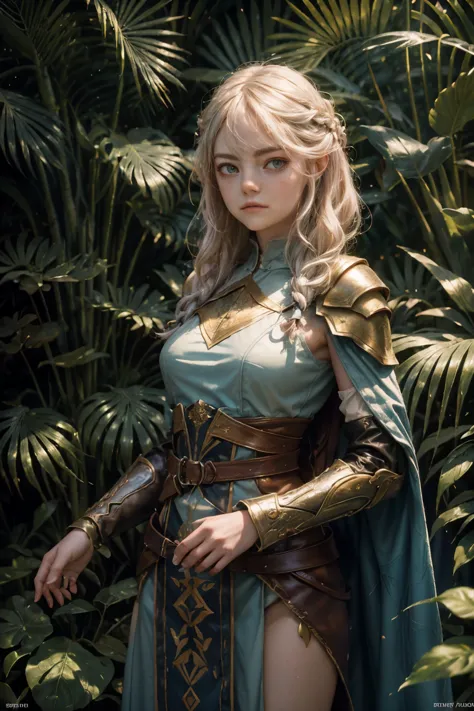 BJ_Oil_painting, fantasy painting, female ranger ((Emma Stone)), elegantly dressed in olive and brown robes with a hint of leath...