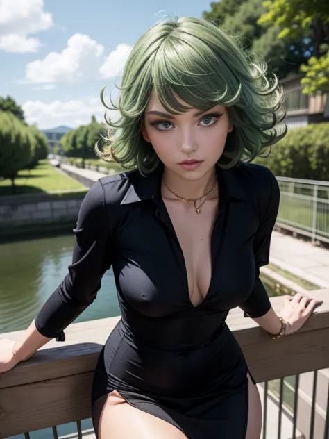 masterpiece, best quality, detailed face, tatsumaki, green hair, black dress, pelvic curtain, posing on a bridge, looking at vie...