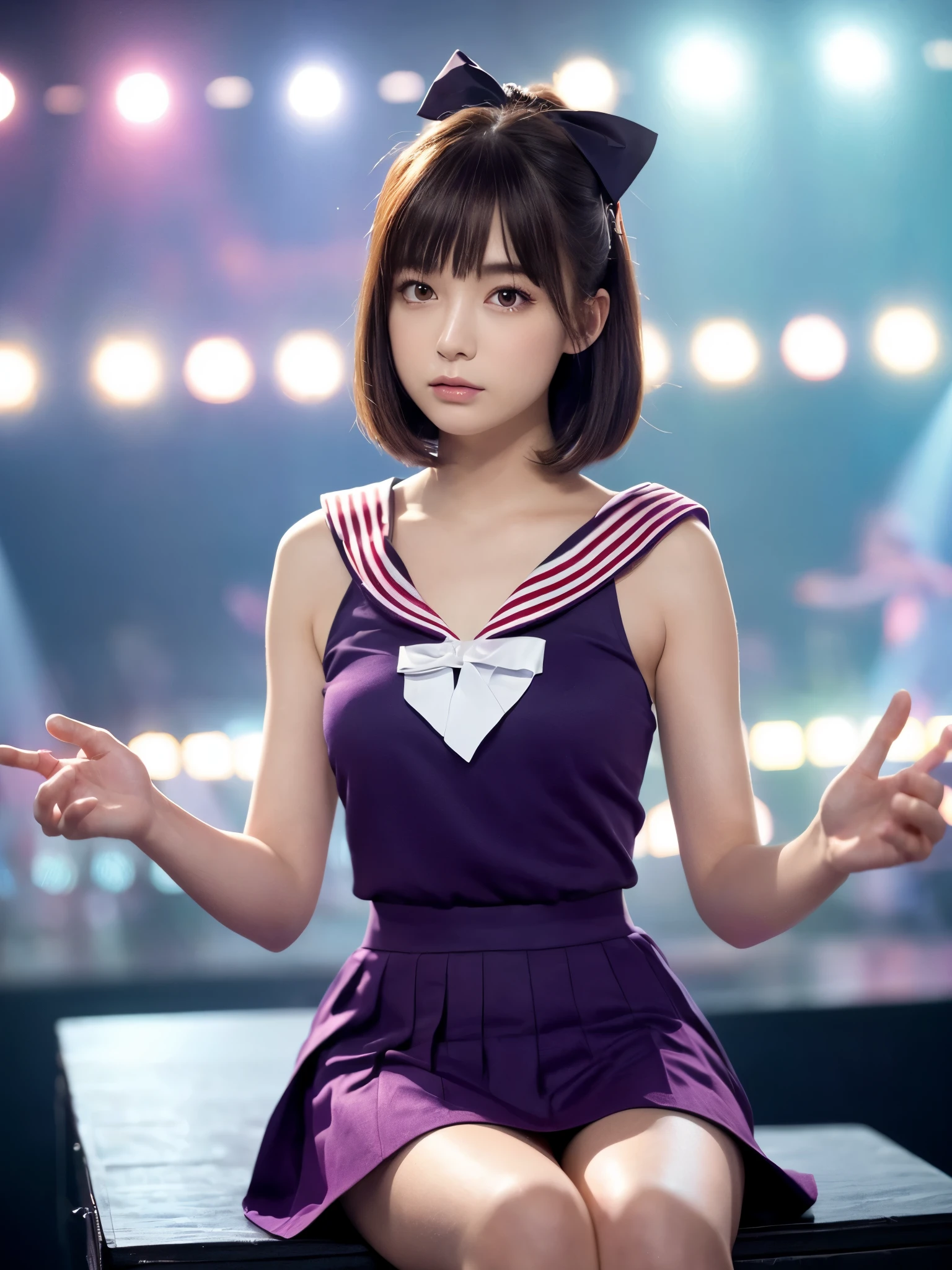 White base with purple-red sailor suit、tulle skirt、23 years old, Performing on an empty stage, concert photos, cute core、(bob hair)、(((watching the audience)))、ribbon on head、（自然でdetailed face立ち、beautiful and detailed eyes、beautiful and dense lips、very detailed eyes、detailed face、long eyelashes）（8K resolution）、High resolution、masterpiece：1.2 )、Super detailed、(real、photorealistic、photorealistic: 1.37)、8K、fantastic lighting、bright colors、sitting posture、bold spread legs、(anatomically correct）、（perfect body proportions)、(natural hands、natural fingers)