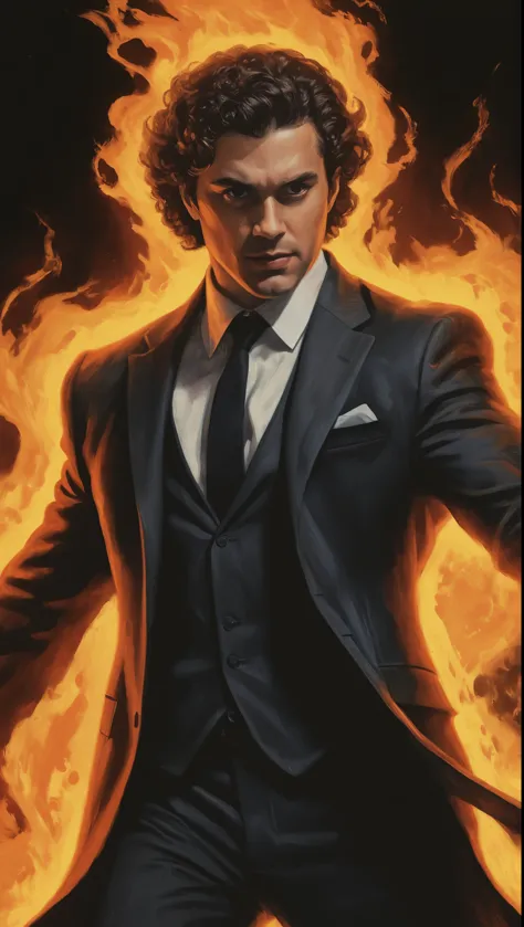 An illustrated movie poster, hand-drawn, full color, a male demon, 28 years-old, wearing a slim suit, covered in flames, reddish...