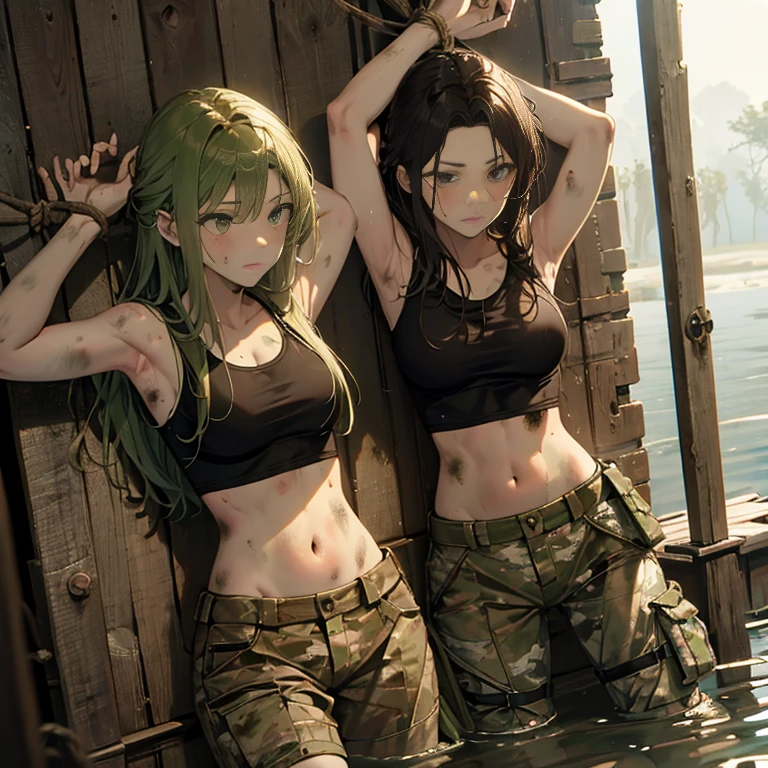 A group of  female soldiers, (in swamp), various hair styles, tank top, harem, beautiful leg, midriff, camouflage military trousers, showings off armpits, seducing, dirty, tied wrist with rope 