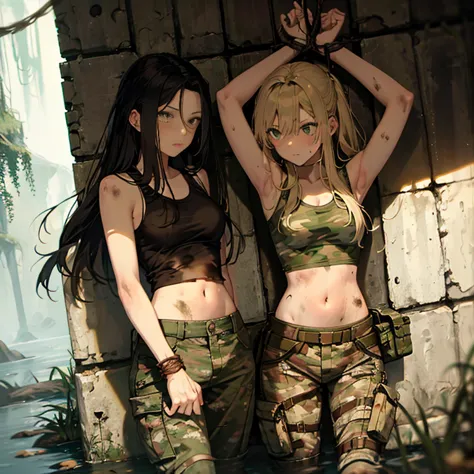 A group of  female soldiers, (in swamp), various hair styles, tank top, harem, beautiful leg, midriff, camouflage military trous...