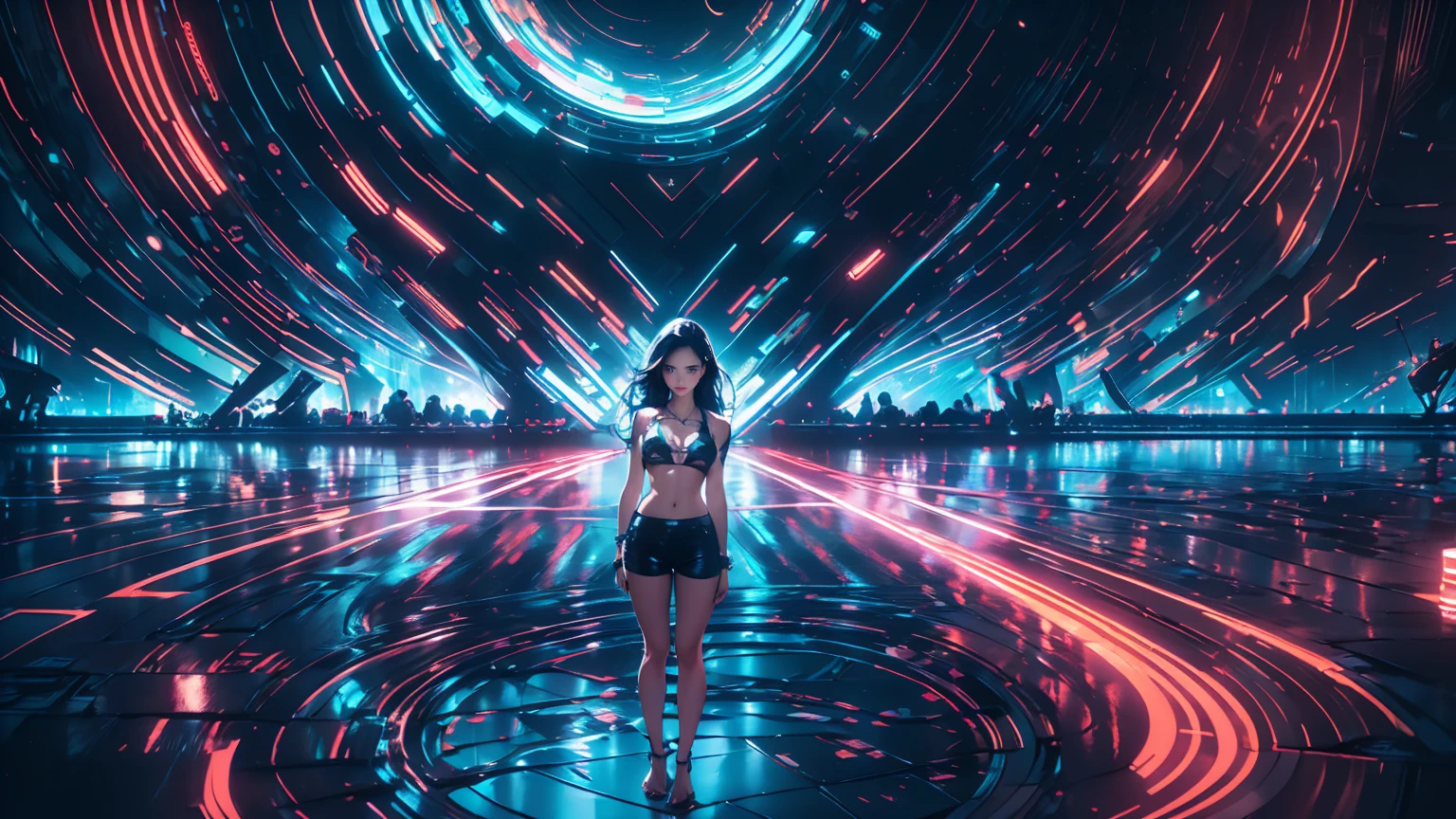 An ultra-realistic and ultra-detailed, Small Shorts, Intricate Retrowave Environment, ((Close-up)), ((full body portrait)), (Downward View, From Above), A Gorgeous caucasian celestial goddess, barefoot, (on knees), (Small Hips Slim Body), (Straight Black Hair), (silver eyes), ((smaller breasts)), /(Wearing A Tight Shirt with Small (Cut Up) Cyberpunk Shorts/), (Confident Pose), Dynamic Angle, (From The Bottom), Galactic Clouds everywhere adorned with vivid chemiluminescent stars and galaxies floating through the cosmos, Atmospheric, radiating luminous cosmic energy, multicolored, vibrant lighting, visually stunning, surreal, epic, legendary, radically fantastic, sharp uhd, dof, 8k resolution, enhanced-realism