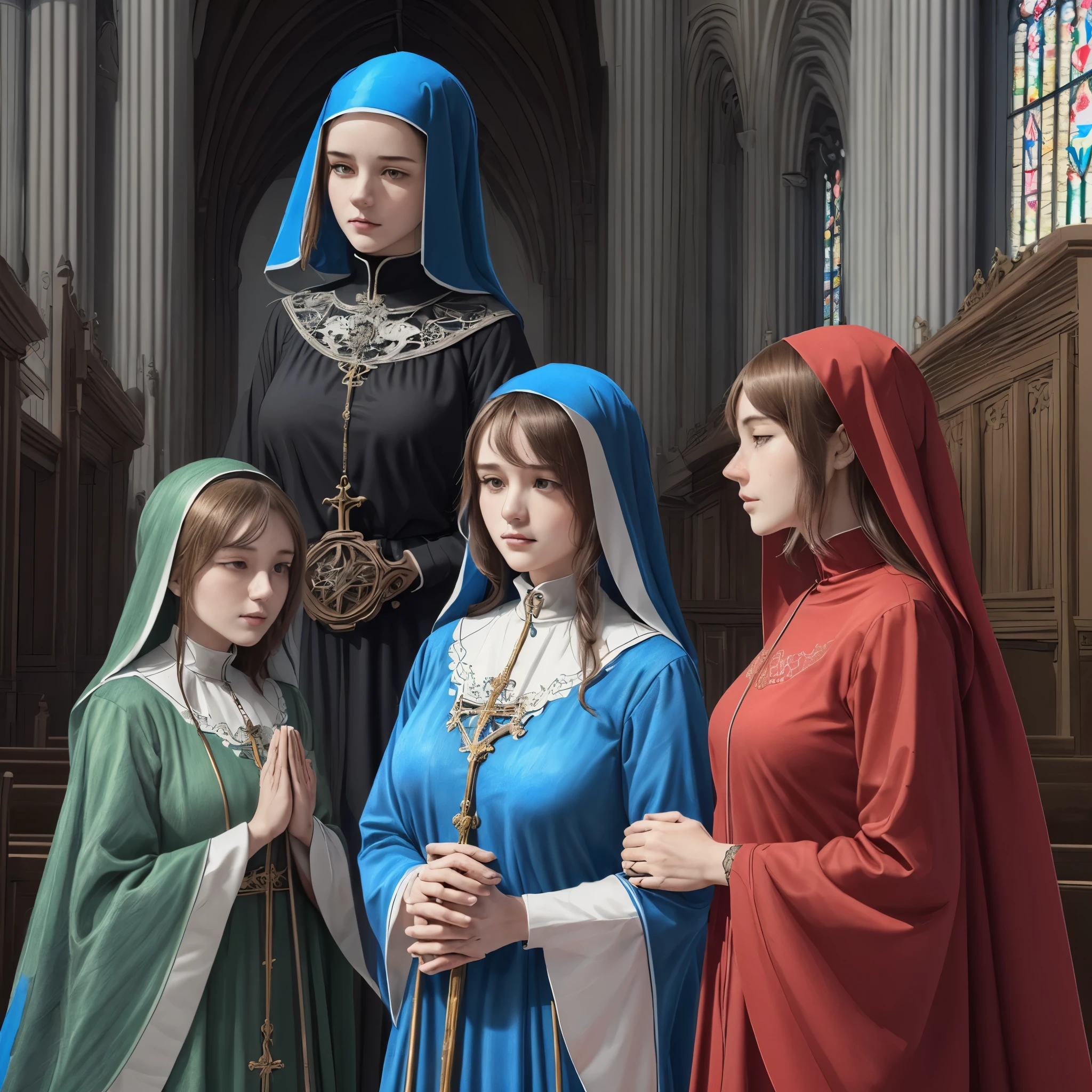 ((detailed gothic nuns, with gothic clothing:1.6)), ((church background, in 4 disordered vignettes:1.7, comic, with scenes of nuns preaching, praying, communing:1.6)), masterful work, high definition:1.4, ((Imaginative scene)),((perfect, meticulously detailed:1.3)), impeccable details, ((full shot: 1.4)), ((Best quality)), ((Masterpiece)), 3d, ( hyper detailed: 1.3), ((epic scenario: 1.3)), ((Front camera)),( (sharp drawing vivid colors: 1.6))