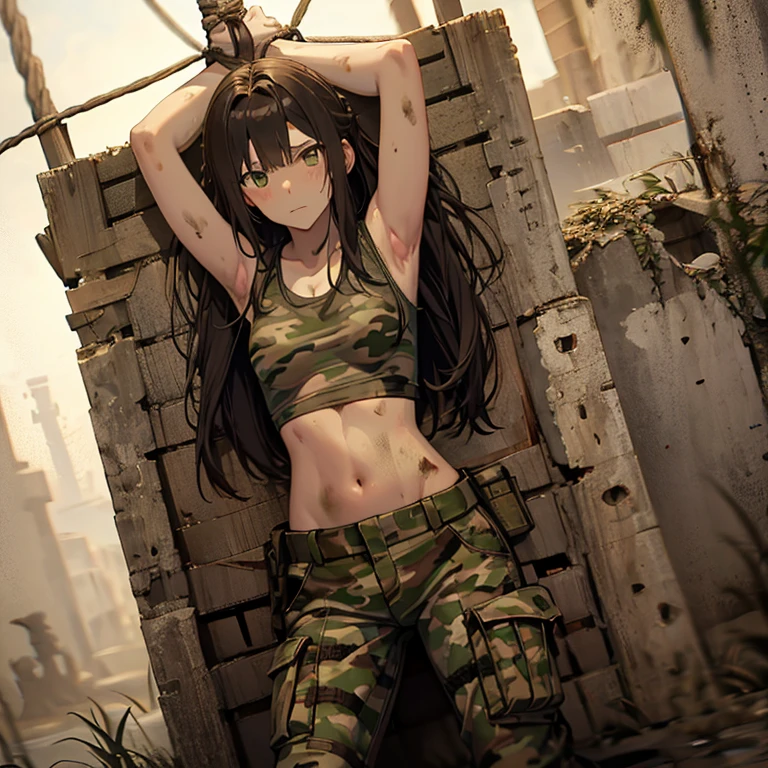 A group of  female soldiers, (in swamp), various hair styles, tank top, harem, beautiful leg, midriff, camouflage military trousers, showings off armpits, seducing, dirty, tied wrist with rope, nipples 