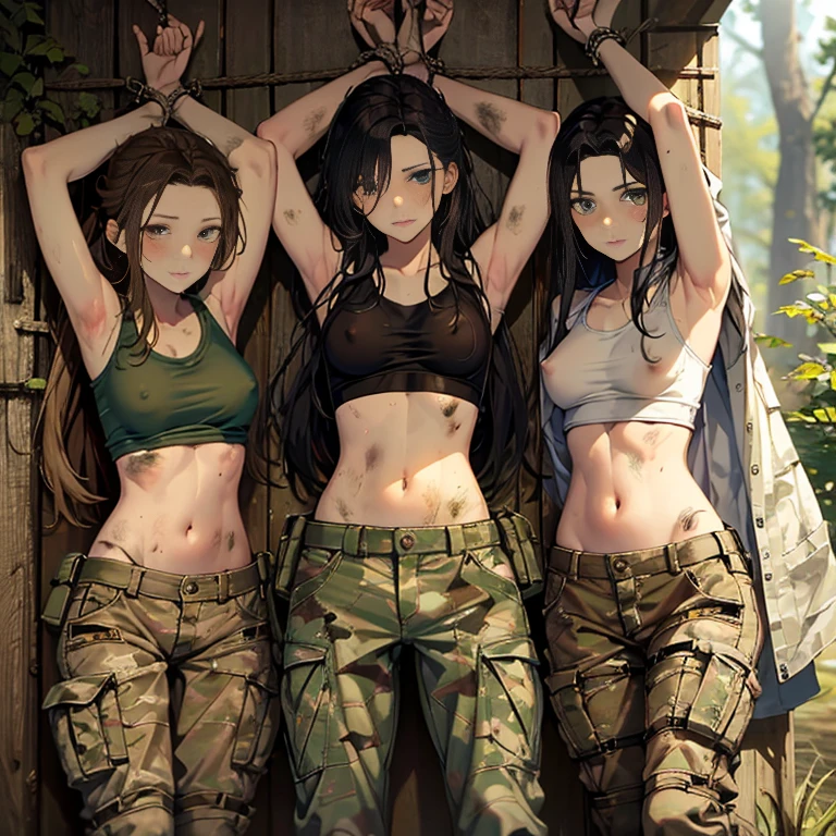 A group of  female soldiers, (in swamp), various hair styles, tank top, harem, beautiful leg, midriff, camouflage military trousers, showings off armpits, seducing, dirty, tied wrist with rope, nipples 