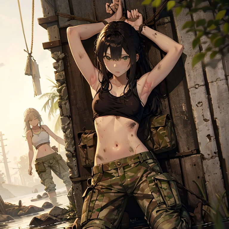 A group of  female soldiers, (in swamp), various hair styles, tank top, harem, beautiful leg, midriff, camouflage military trousers, showings off armpits, seducing, dirty, tied wrist with rope, nipples 