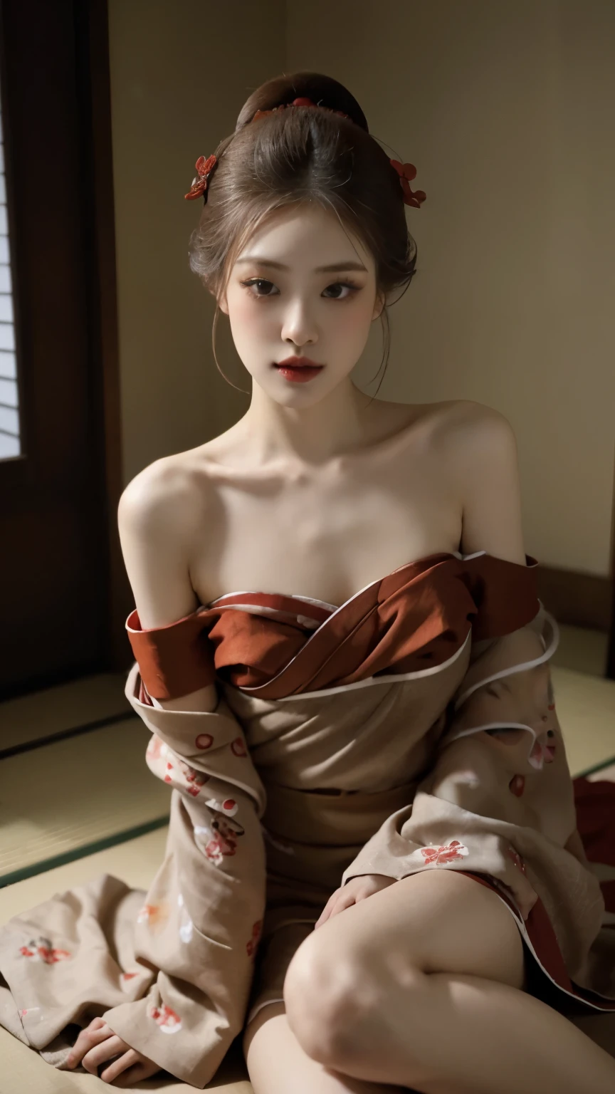 top Quority，Ultra-clear resolution,  Body slim thin captivating. long eyelashes,   highly detailed lips,   detailed eyes,   double eyelid,   Make-up face. Red lipstick.  hair accessories,    elegance,    enchanting,

((Beautiful Japanese Geisha)),    ((red kimono. Bare shoulder)),

Long legs_full body.  Sit down.  In the room