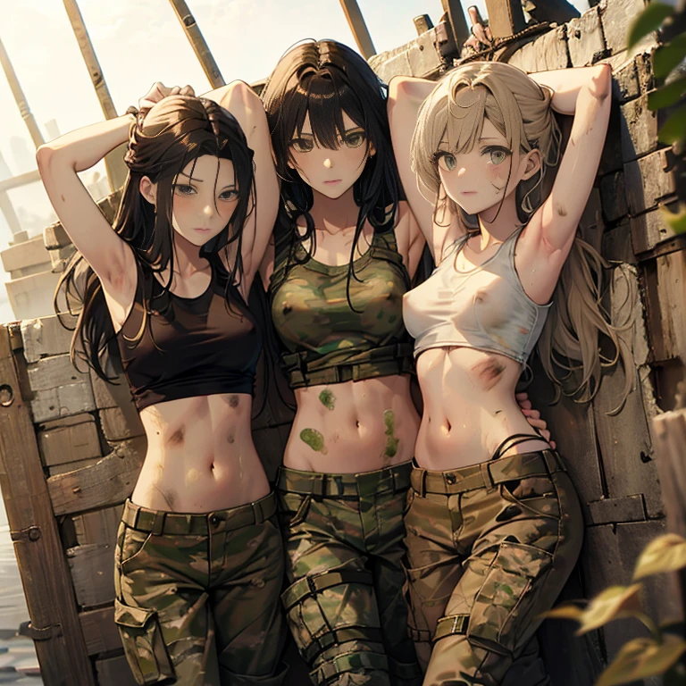 A group of  female soldiers, (in swamp), various hair styles, tank top, harem, beautiful leg, midriff, camouflage military trousers, showings off armpits, seducing, dirty, tied wrist with rope, nipples, shirt lift