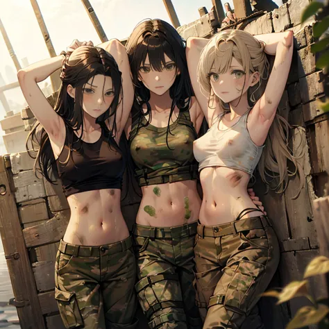 A group of  female soldiers, (in swamp), various hair styles, tank top, harem, beautiful leg, midriff, camouflage military trous...
