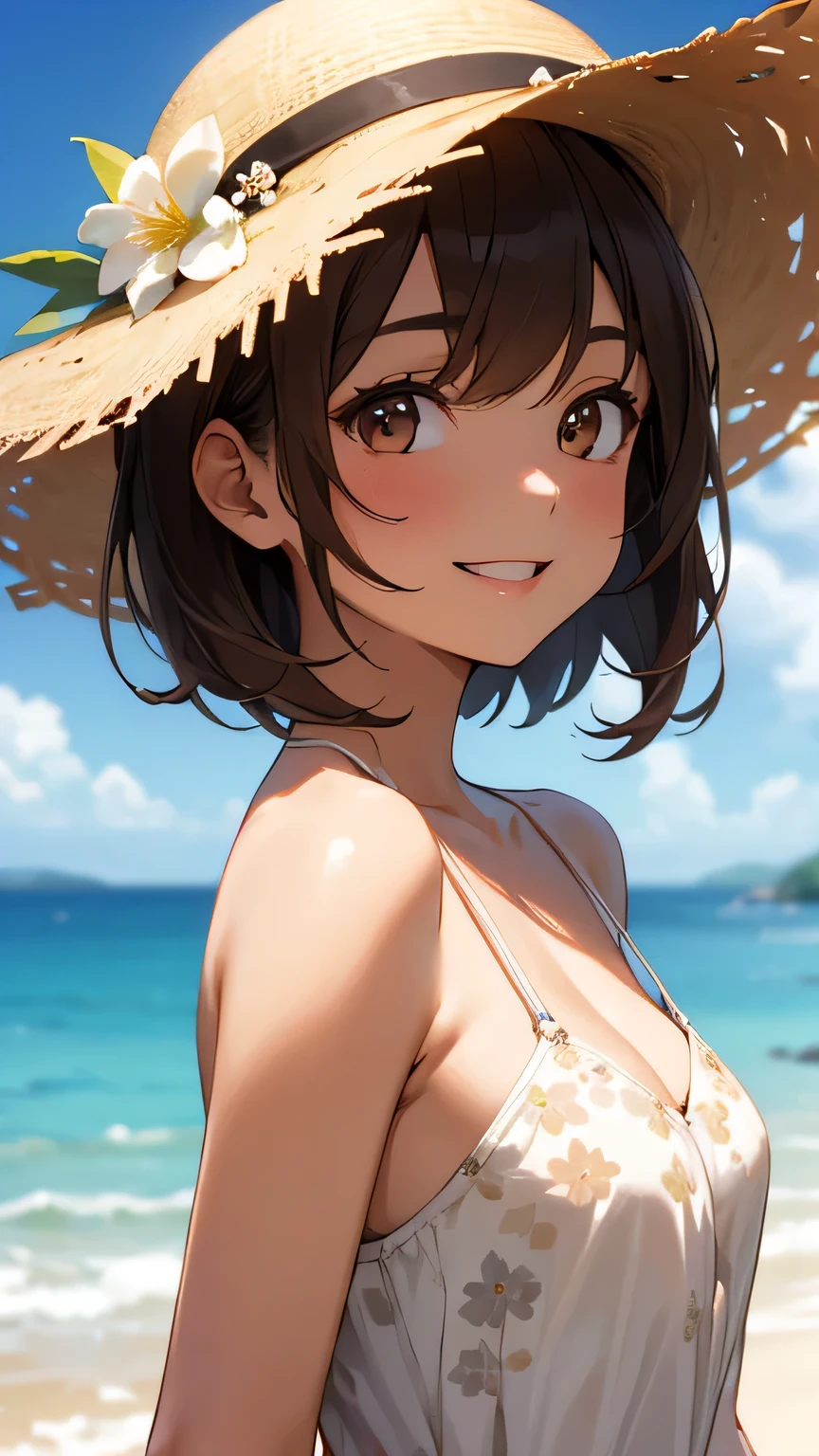(Best quality, dynamic lighting, highly detailed, HDR) Brown haired young woman, mature, beautiful, bob hair, brown eyes, slim, medium-small breasts, white floral summer dress, summer hat, bare shoulder, cleavage, sleeveless, smiling, head shot, beach background.