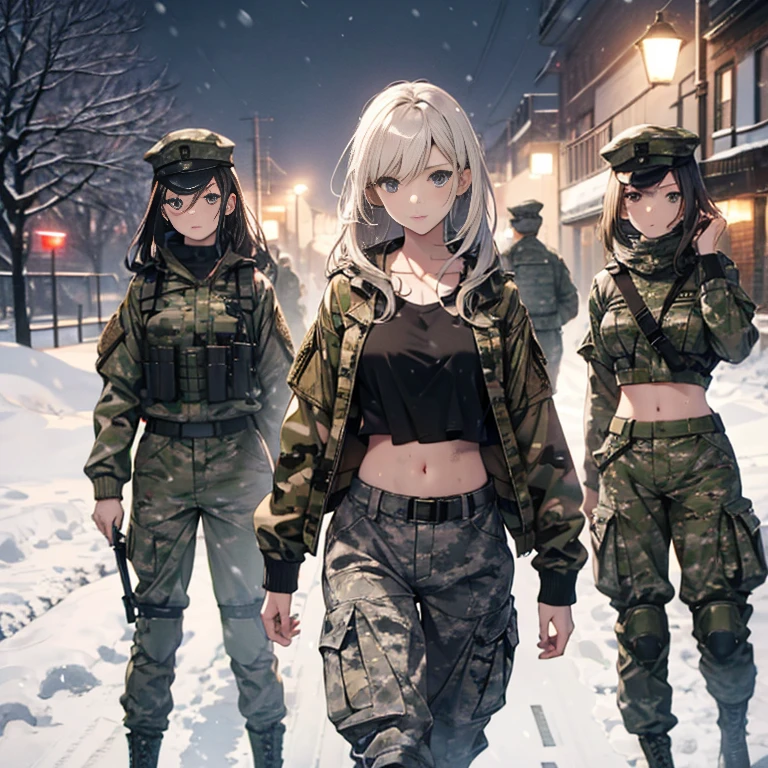 A group of  female soldiers, (in snow storm), various hair styles, tank top, harem, beautiful leg, midriff, camouflage military trousers, showings off armpits, seducing, bdsm, dirty