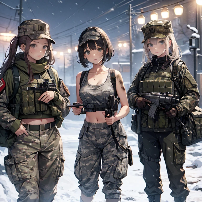 A group of  female soldiers, (in snow storm), various hair styles, tank top, harem, beautiful leg, midriff, camouflage military trousers, showings off armpits, seducing, bdsm, dirty