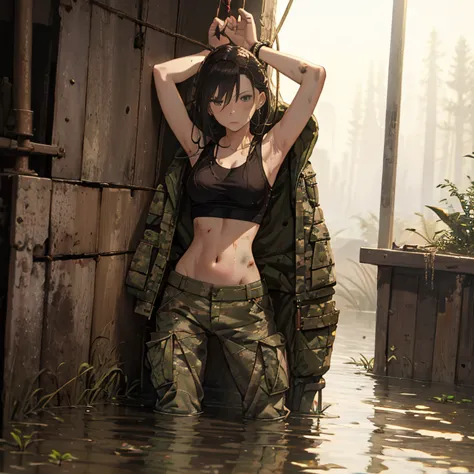 A group of  female soldiers, (in swamp), various hair styles, tank top, harem, beautiful leg, midriff, camouflage military trous...