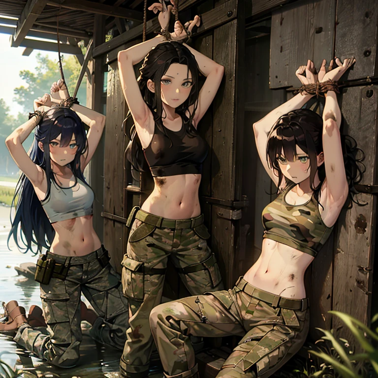 A group of  female soldiers, (in swamp), various hair styles, tank top, harem, beautiful leg, midriff, camouflage military trousers, showings off armpits, seducing, dirty, tied wrist with rope 