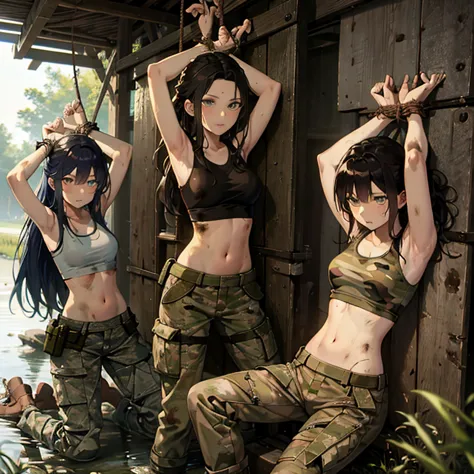 a group of  female soldiers, (in swamp), various hair styles, tank top, harem, beautiful leg, midriff, camouflage military trous...