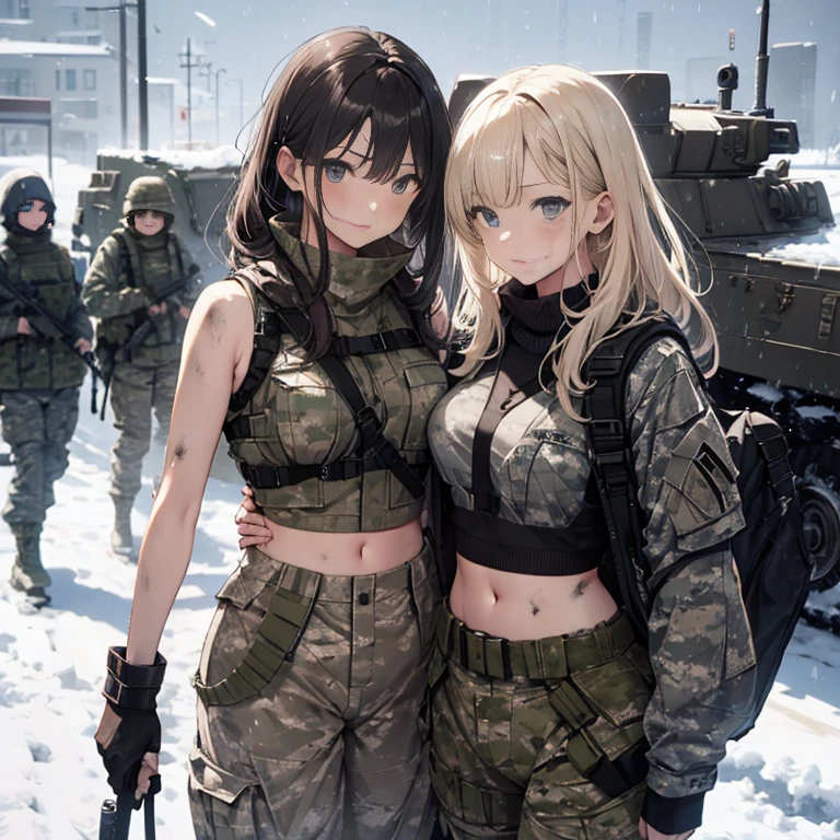 A group of  female soldiers, (in snow storm), various hair styles, tank top, harem, beautiful leg, midriff, camouflage military trousers, showings off armpits, seducing, bdsm, dirty