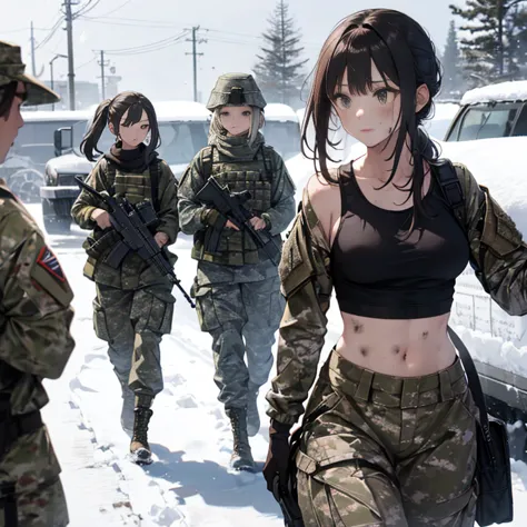 A group of  female soldiers, (in snow storm), various hair styles, tank top, harem, beautiful leg, midriff, camouflage military ...