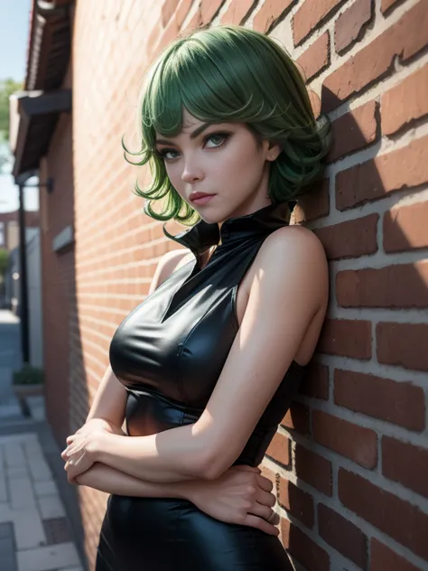 masterpiece, best quality, detailed face, tatsumaki, green hair, black dress, pelvic curtain, leaning on a brick wall arms cross...