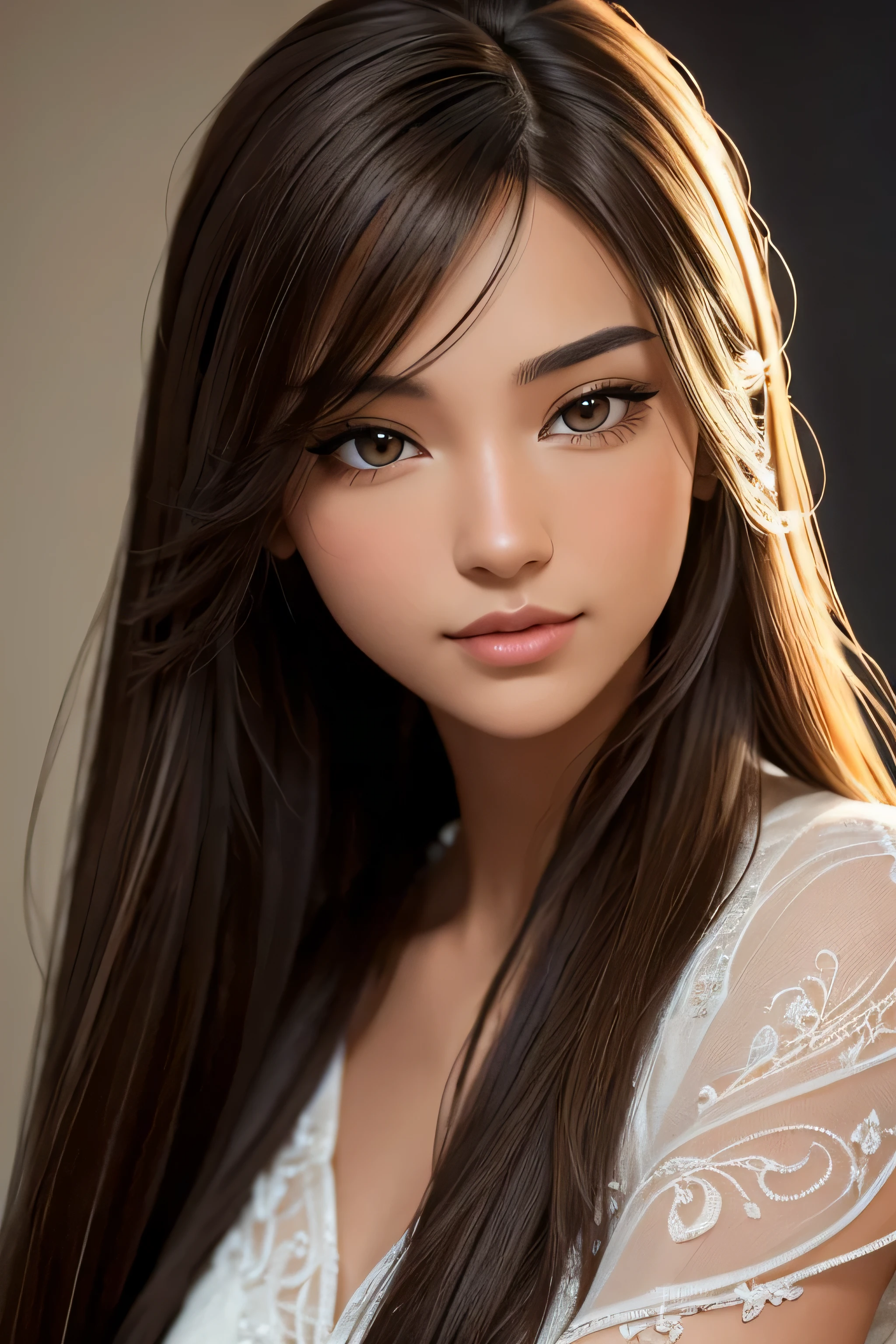 Gerar uma imagem altamente detalhada de uma mulher elegante de frente para o visualizador, representada com dobras longas, cabelo castanho liso, olhos castanhos cativantes, Um sorriso gracioso, e uma marca de beleza perto do olho esquerdo. Garantir que ela esteja vestindo roupas elegantes que complementem sua beleza, e retratada em vista de corpo inteiro, capturando detalhes intrincados como a textura do tecido, sutis nas roupas, e quaisquer acessórios que ela possa estar adornada. Visar um estilo de renderização fotorrealista ou hiperrealista para enfatizar a qualidade realista da imagem, com uma resolução de pelo menos 4K ou superior para aumentar a clareza e o detalhe. Considere incorporar elementos como iluminação dinâmica e sombras para adicionar profundidade e dimensão à composição. Artistas renomados por sua capacidade de retratar sujeitos humanos realistas, como Midjourney, difusão estável, and Leonardo AI, poderia fornecer inspiração para atingir o nível desejado de detalhe e realismo.